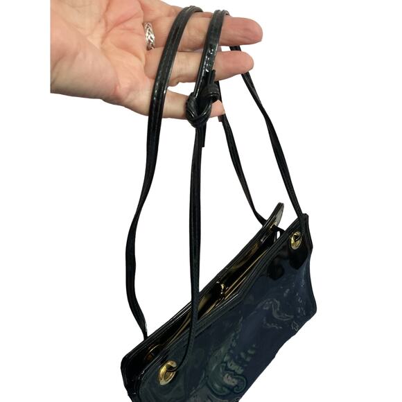 Mid Century Handbag Black Patent Double KISS Lock - Picture 5 of 11
